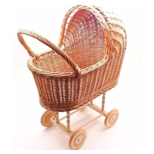 Poppenwagen rieten kap Crème bekleding met 4 pompons Poppenwagen rieten kap Crème bekleding met 4 pompons